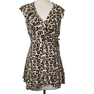 SANCTUARY Womens Ruffled V Neck Mini Wrap Dress Leopard Size Small Sleeveless